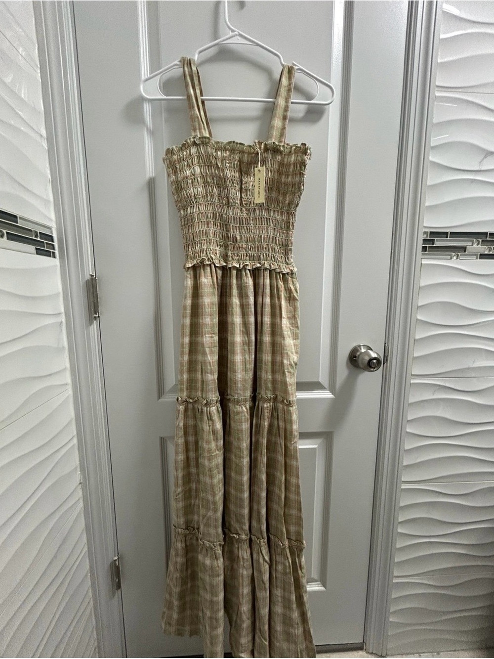 Max Studio Green Plaid Smocked Tiered Maxi Dress